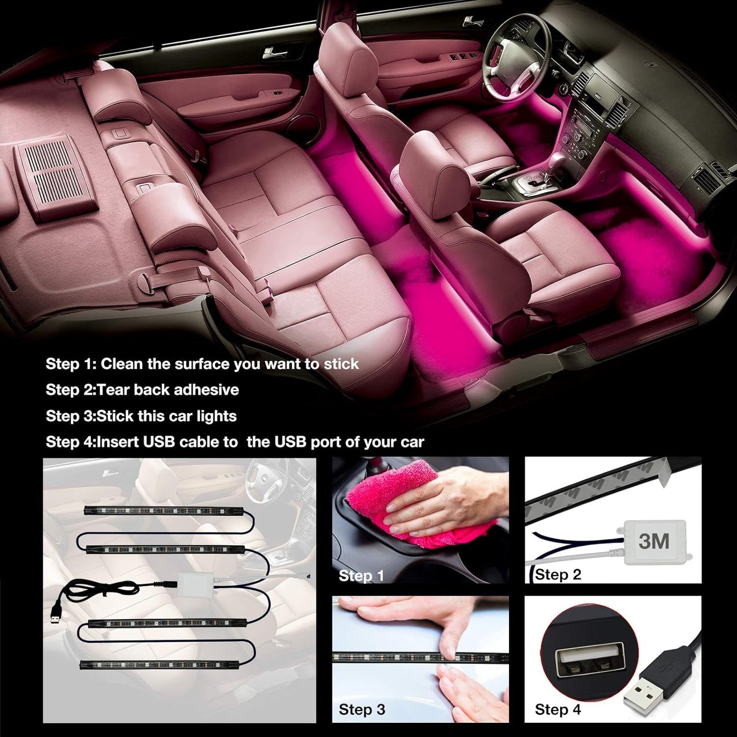 Interior Car Lights, App Control Smart Car LED Lights with DIY Mode and Music Mode, Waterproof LED Interior Lights with 2 Lines Design, RGB under Dash Car LED Lights with Car Charger, DC 12V - Itzyeshop