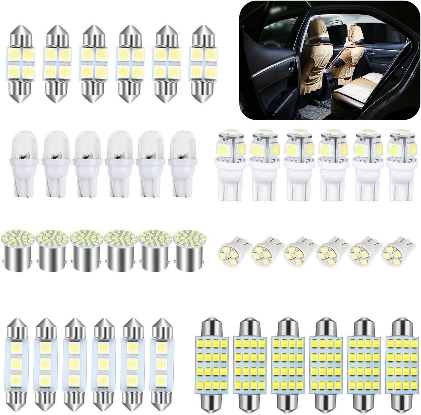 42 PCS Car T10 31Mm 36Mm 41Mm LED Interior Lights Kit, Width Indicator Light Double Pointed Reading Light License Plate Light, Universal Non - Destructive Installation Bulbs for Car (White) - Itzyeshop