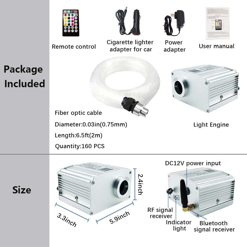 Bluetooth Twinkle 10W Starlight Headliner Kit for Car Home Decoration with App/Remote Music Mode RGBW LED Fiber Optic Star Ceiling Light 160Pcs 0.03In 6.5Ft - Itzyeshop