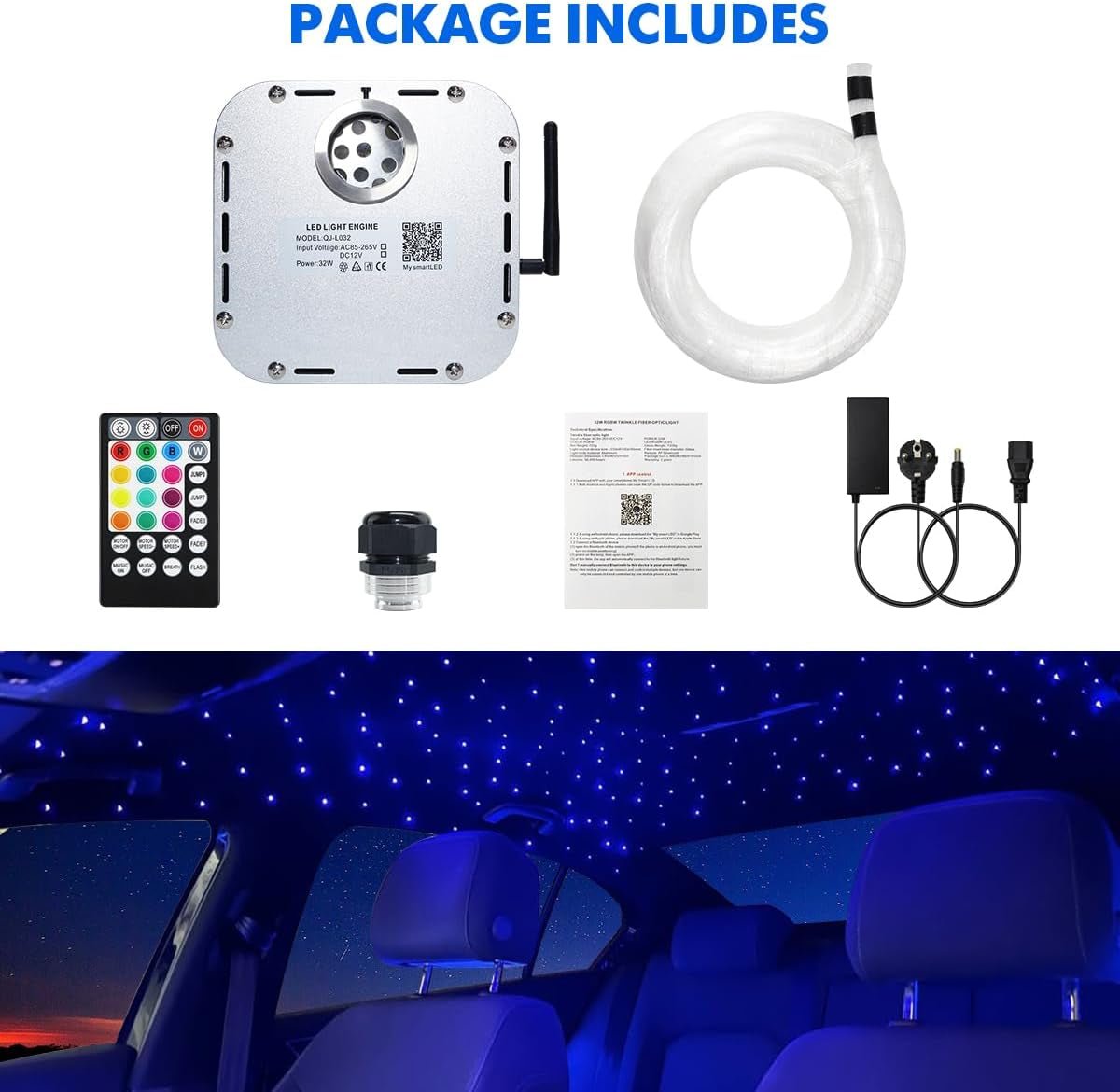 High Brightness 32W Twinkle Fiber Optic Lights Starlight Headliner Kit 800PCS 0.03In+0.04In+0.06In 16.4Ft Fibers RGBW Sound Activated APP Remote Control for Car Home Roof Ceiling Decoration - Itzyeshop