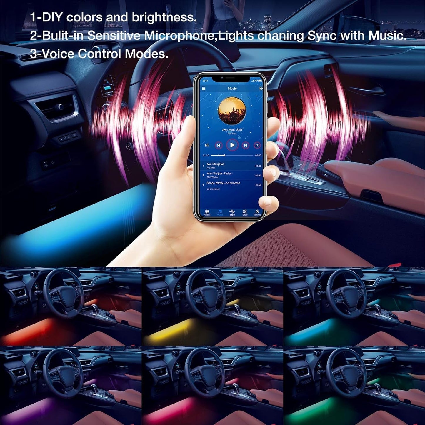 Interior Car Lights, App Control Smart Car LED Lights with DIY Mode and Music Mode, Waterproof LED Interior Lights with 2 Lines Design, RGB under Dash Car LED Lights with Car Charger, DC 12V - Itzyeshop