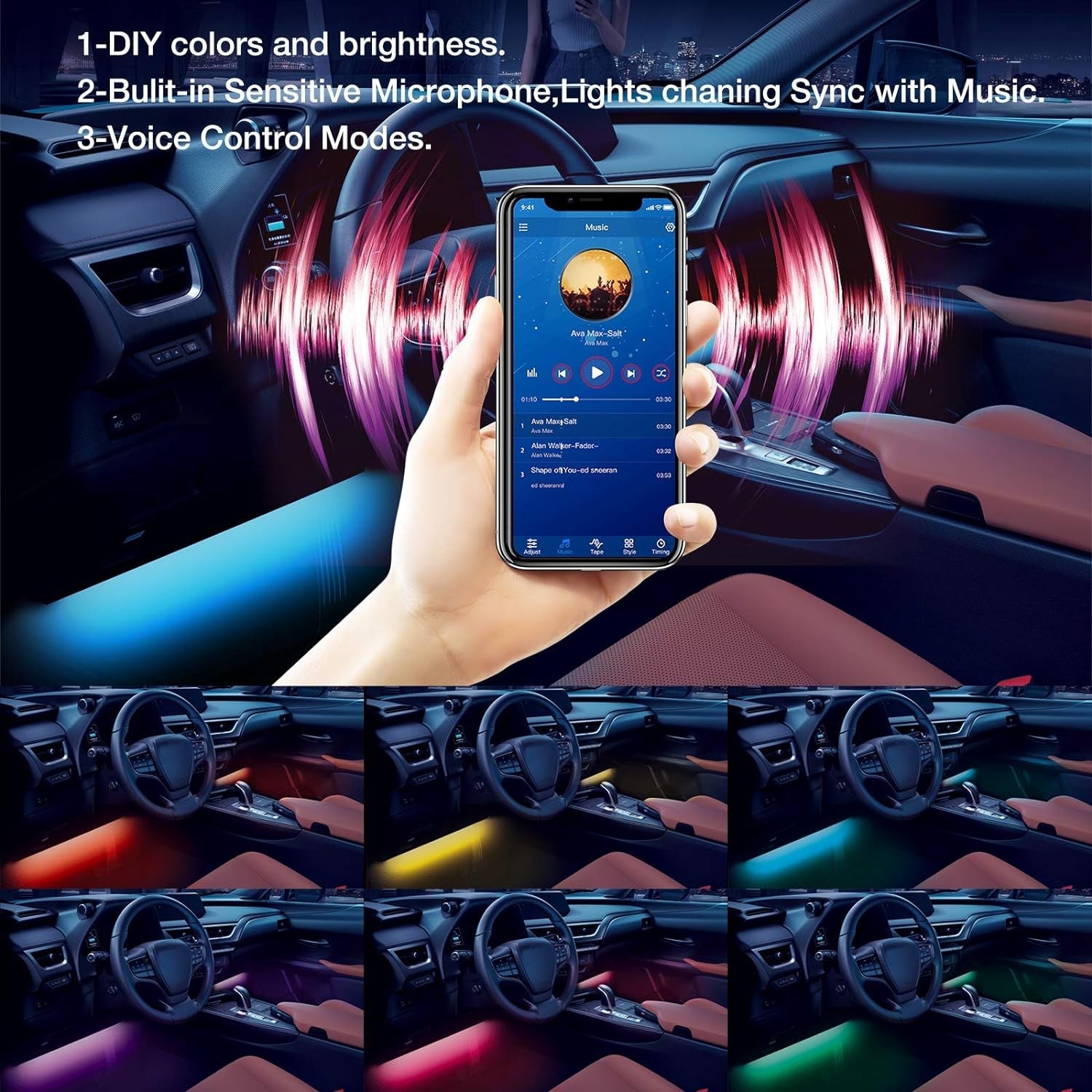 Interior Car Lights, App Control Smart Car LED Lights with DIY Mode and Music Mode, Waterproof LED Interior Lights with 2 Lines Design, RGB under Dash Car LED Lights with Car Charger, DC 12V - Itzyeshop