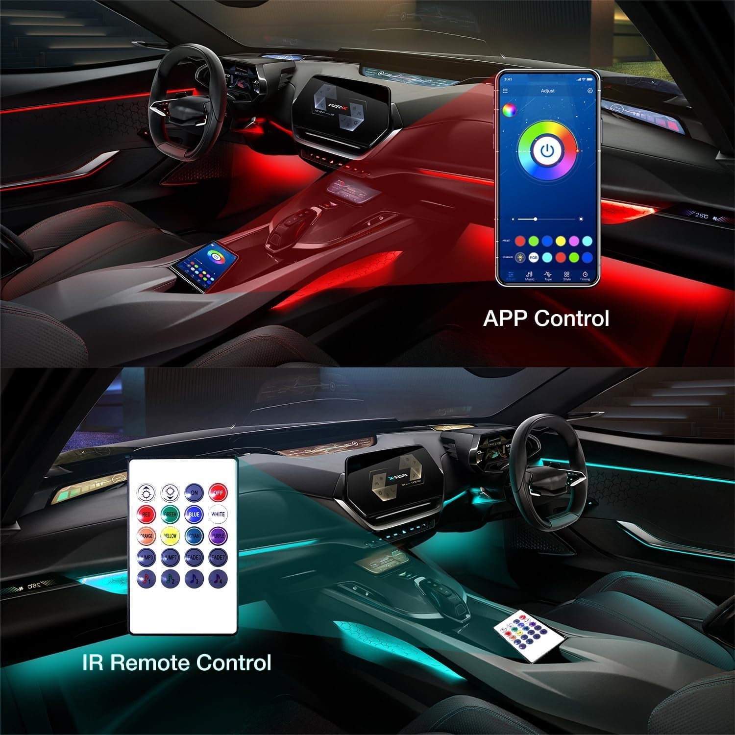 Interior Car Lights, App Control Smart Car LED Lights with DIY Mode and Music Mode, Waterproof LED Interior Lights with 2 Lines Design, RGB under Dash Car LED Lights with Car Charger, DC 12V - Itzyeshop