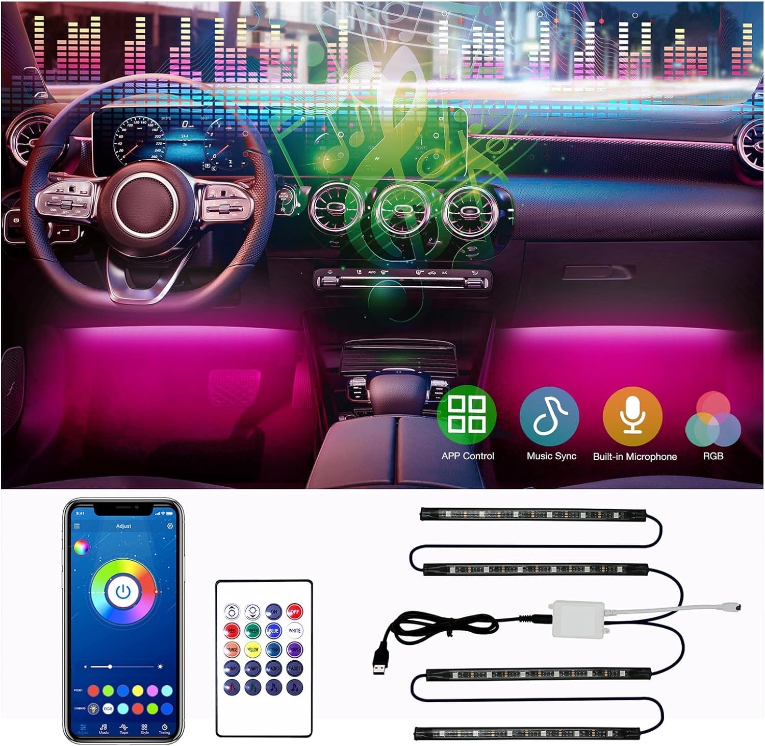 Interior Car Lights, App Control Smart Car LED Lights with DIY Mode and Music Mode, Waterproof LED Interior Lights with 2 Lines Design, RGB under Dash Car LED Lights with Car Charger, DC 12V - Itzyeshop