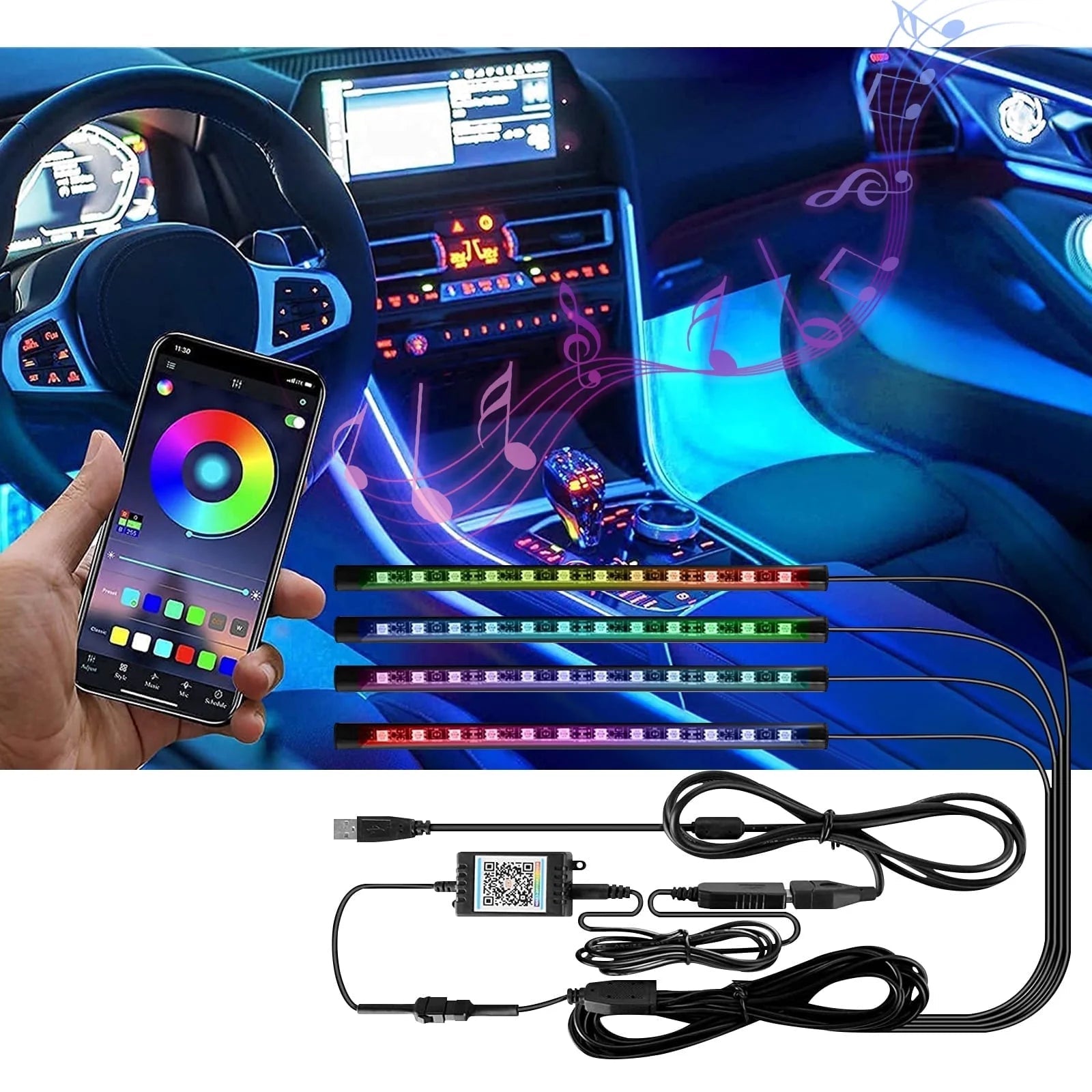 Multi - Color Strip Lights with App Control, Smart Interior 48 LED Car Lights with Music Mode, USB Powered under Dash Interior Lights for Cars, Suvs, 4 Pcs - Itzyeshop