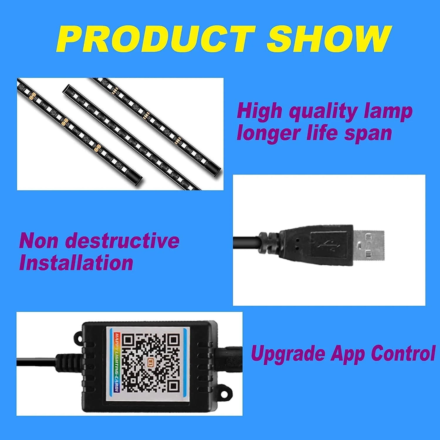 Multi - Color Strip Lights with App Control, Smart Interior 48 LED Car Lights with Music Mode, USB Powered under Dash Interior Lights for Cars, Suvs, 4 Pcs - Itzyeshop