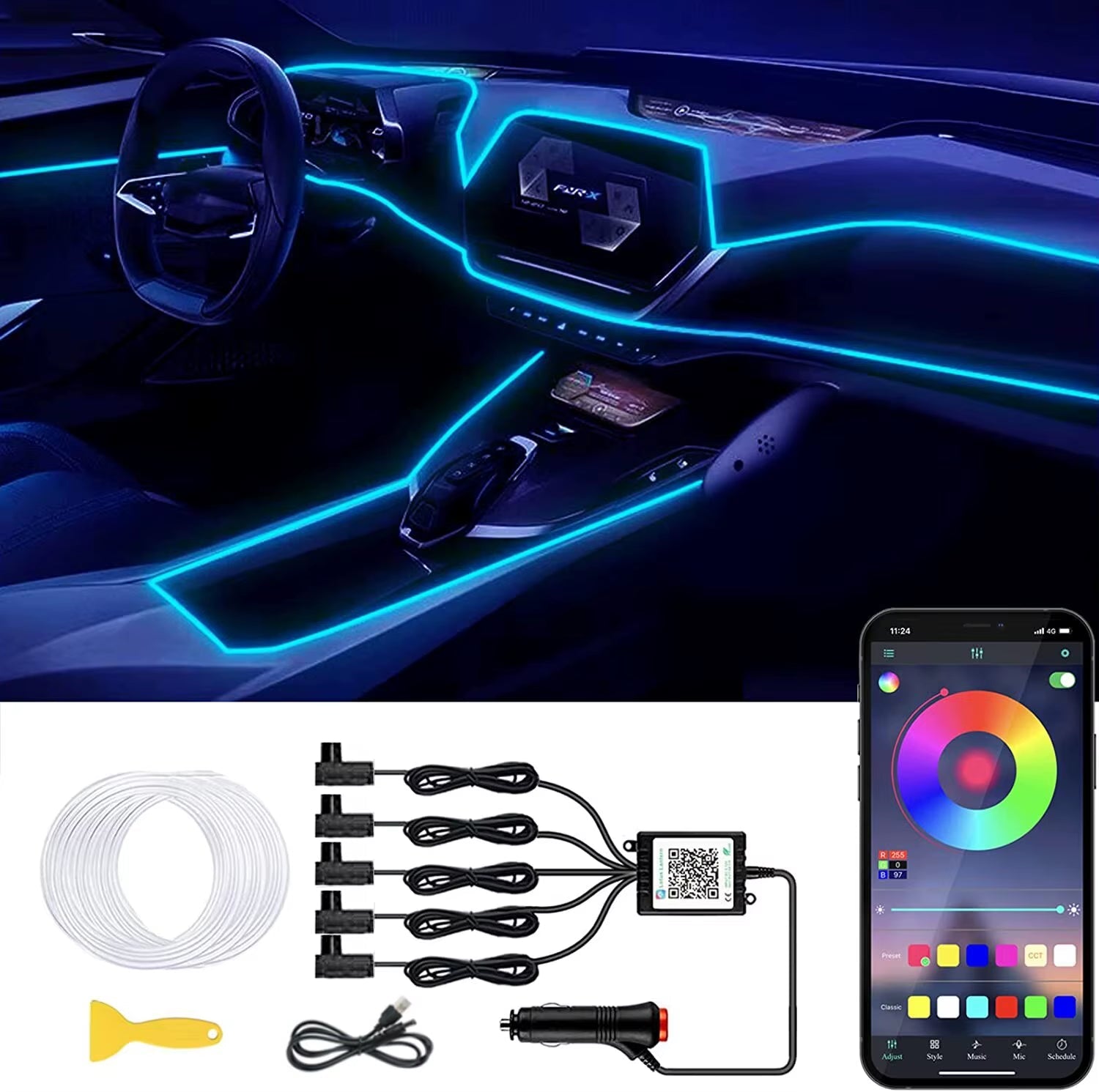 Neon Car LED Interior Lights RGB Ambient Light Fiber Optic Kit with APP Wireless Control LED Auto Atmosphere Decorative Lamp - Itzyeshop