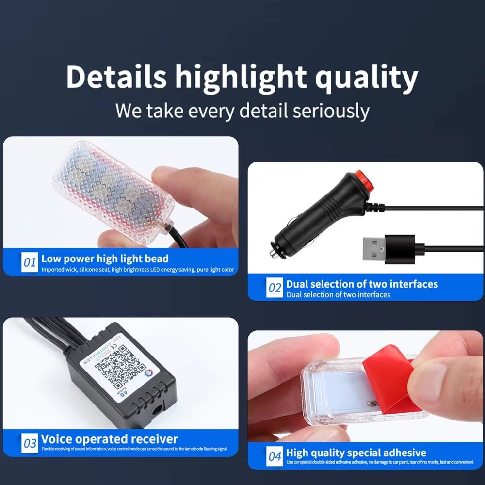 Neon Car LED Interior Lights RGB Ambient Light Kit with APP Wireless Control LED Auto Atmosphere Decorative Lamp - Itzyeshop