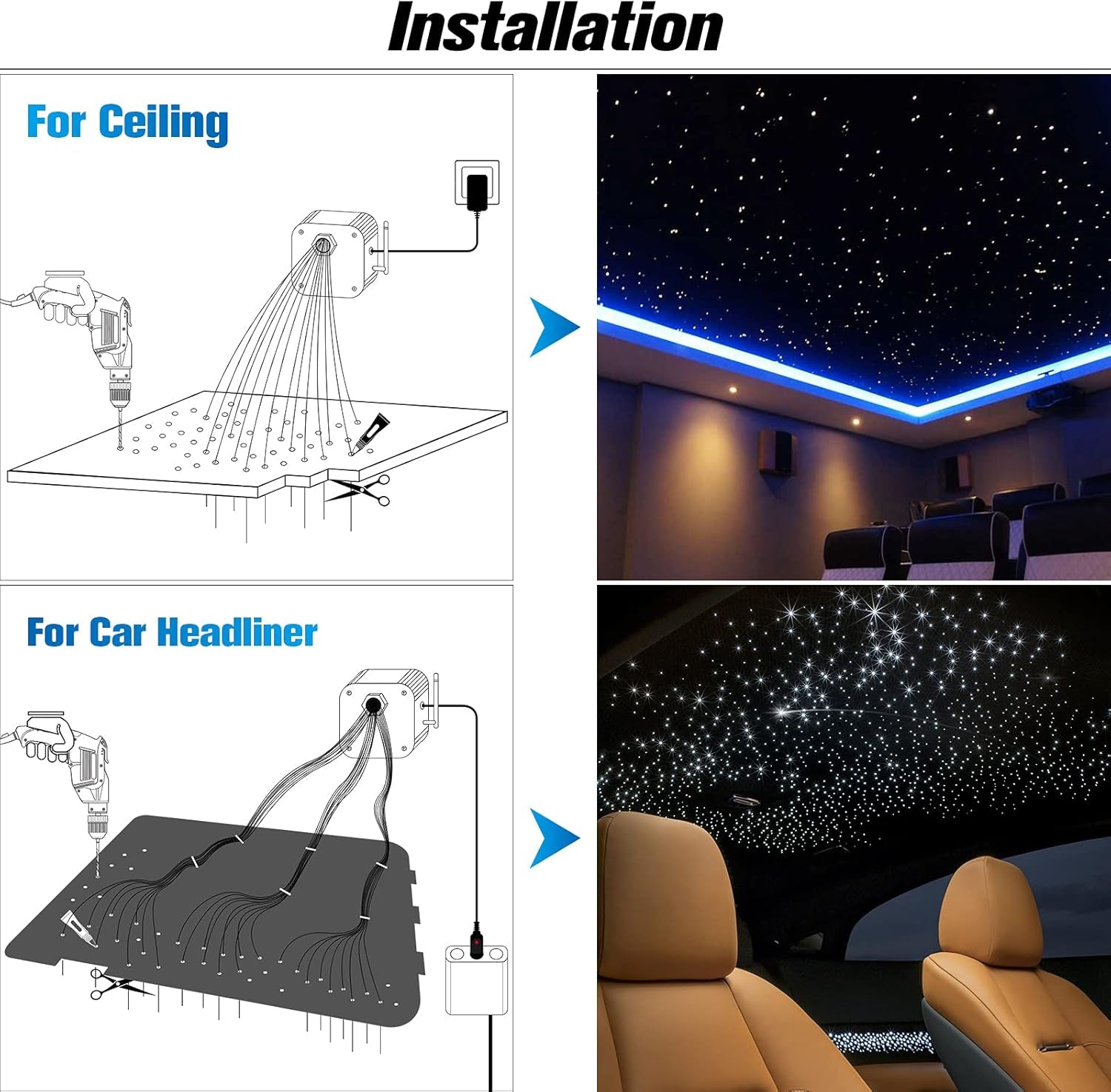 Starlight Headliner Kit Twinkle, 16W 550Pcs 13.1Ft 0.03In Star Lights for Car, Fiber Optic Ceiling Light, RGBW LED Bluetooth App+Remote+Star Light Headliner Kit for Home Theater - Itzyeshop